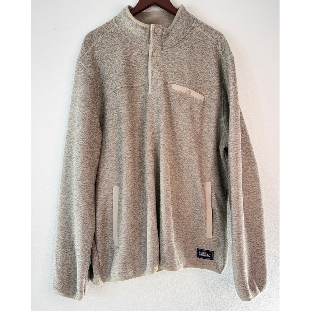 Eddie Bauer Fleece Pullover Sweatshirt Tan Knit Snap Mock Neck Outdoor Utility